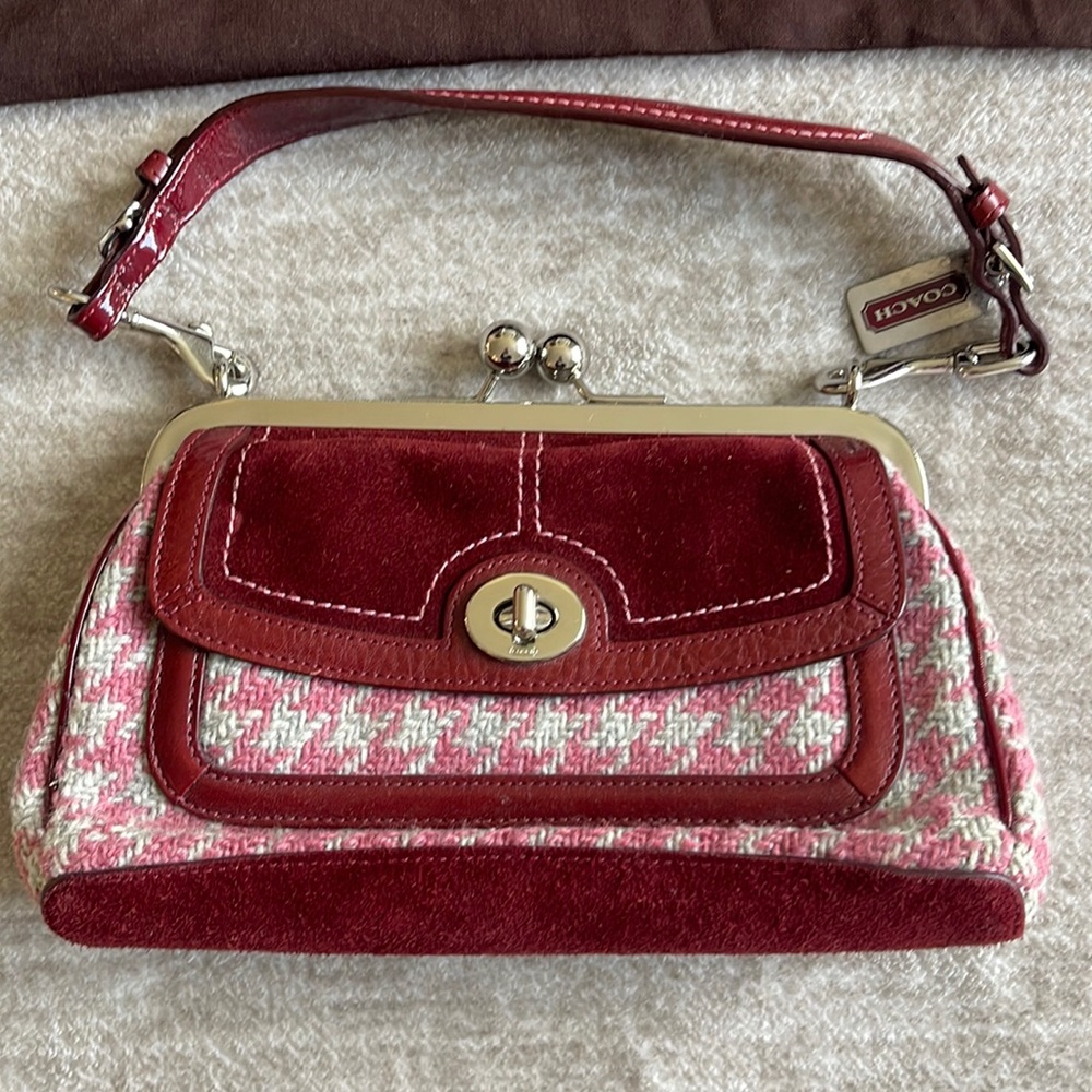 Rare Coach Vintage Wool Houndstooth Pink Burgundy Gallery Frame Satchel Bag